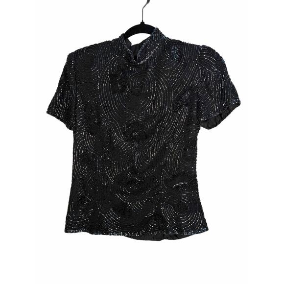 Papell Boutique Evening Beaded Sequin Silk Top Black Short Sleeve Size Small - Picture 12 of 16